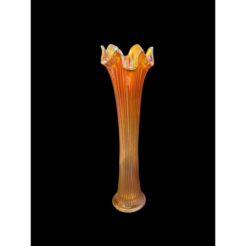 Vtg Carnival Glass Swung Vase Marigold Iridescent Fine Rib Clear 12.5”